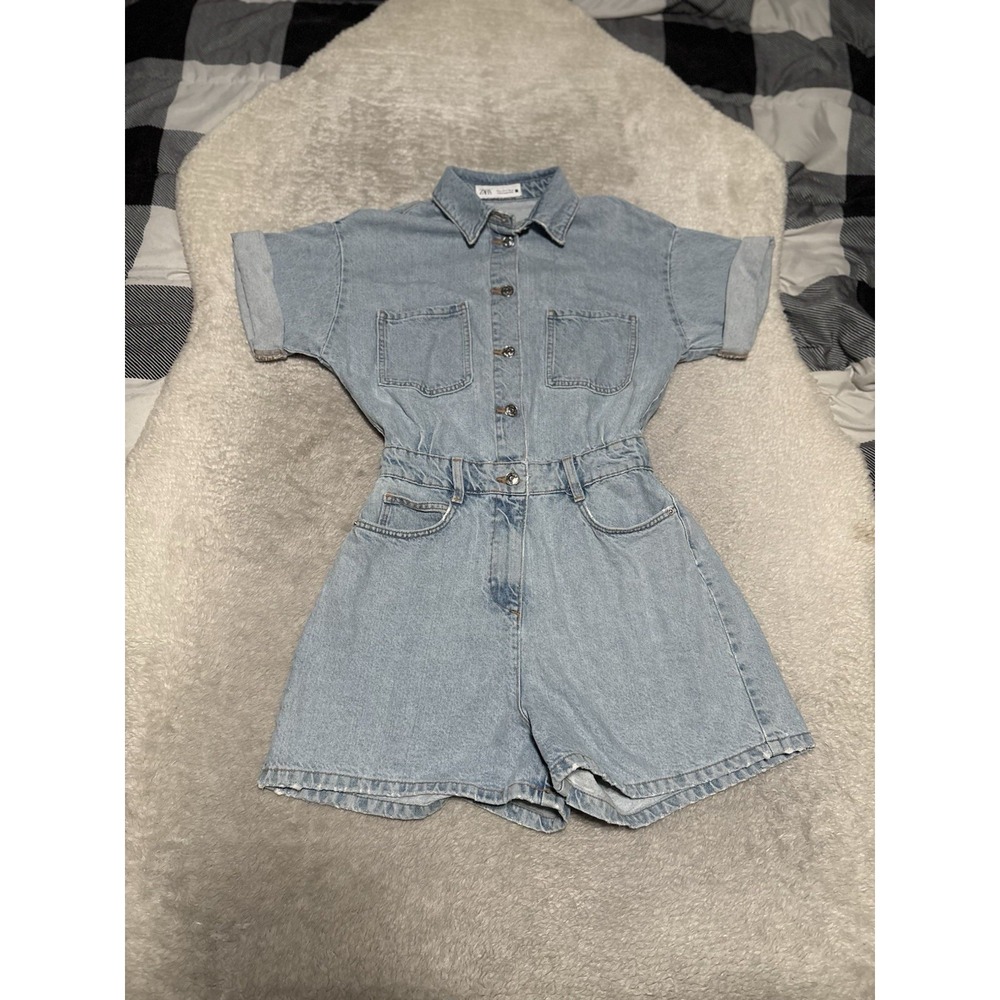 Zara Womens Blue Denim Short Sleeve Romper Size Small Shorts